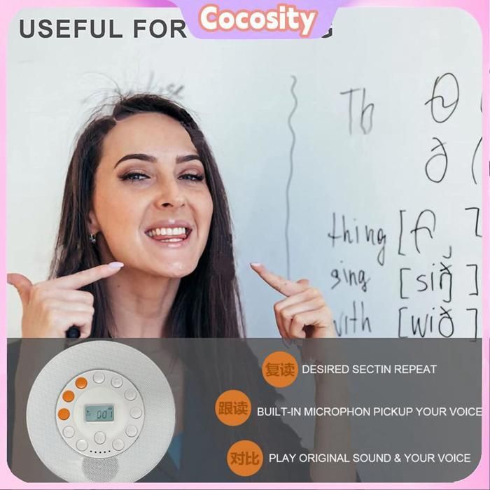 Lettore CD Cocosity con altoparlante, lettore CD portatile, lettore CD da tavolo ricaricabile da 2000 mAh per lettori video