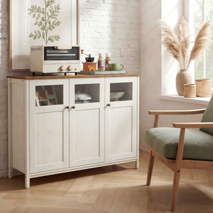 Buffet de Rangement Industriel, Armoire 3 Portes avec Cadre en Acier, pour Cuisine, Salon, Entrée, Marron et Blanc