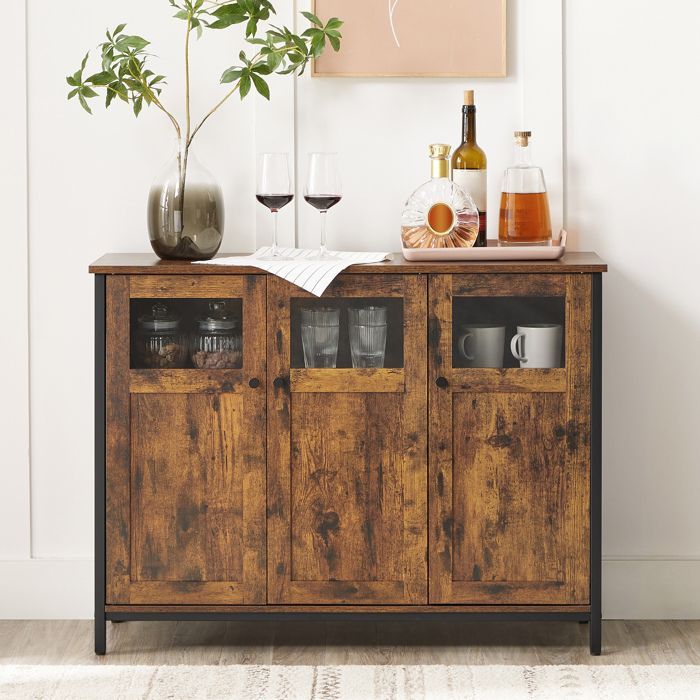 VASAGLE Opbergkast, dressoir, met 3-deurs kast, stalen frame, industriële stijl, rustiek bruin en inktzwart