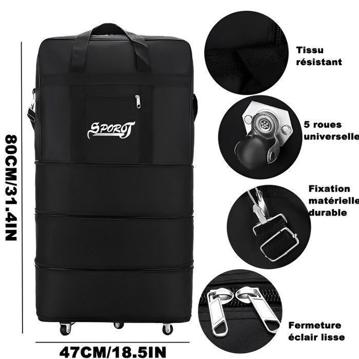 Bolsa de viaje con ruedas de 45L-95L, bolsa de lona plegable y expandible, bolsa deportiva para hombres y mujeres, color negro.