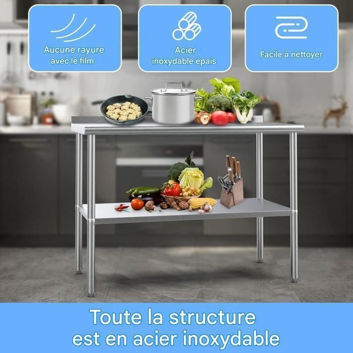 Plan de Travail - ALIGHTUP - Plan de Travail Cuisine, Acier Inoxydable, Avec dosseret, roulettes et étagère,Multifonction, 91.4*61cm