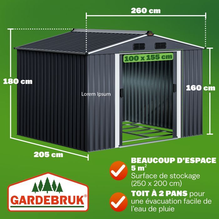 GARDEBRUK® Abri de jardin métal XXL 5m² fondation 260x205x180cm porte coulissante anthracite-métallique cabane de jardin cabanon
