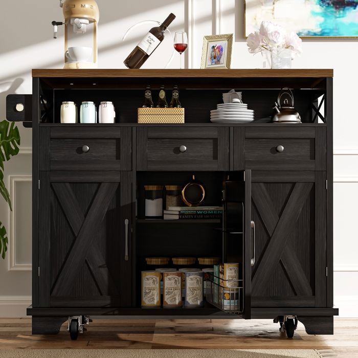 Ilha de cozinha Luonians com tampo dobrável, 118 x 43 (70) x 98 cm, carrinho de cozinha com 3 gavetas, 3 portas e espaço de armazenamento aberto, preta.