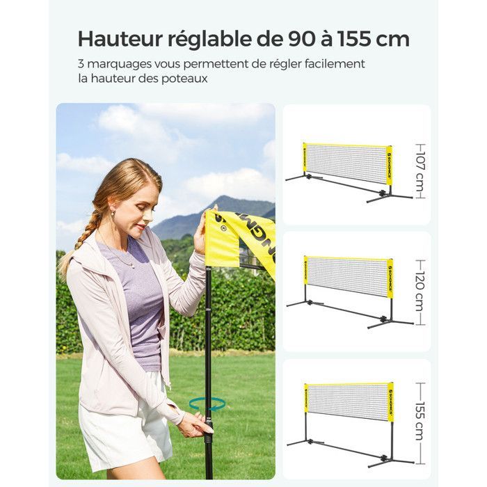 Red de bádminton y voleibol de 3 m, altura ajustable, set de tenis portátil, color amarillo.