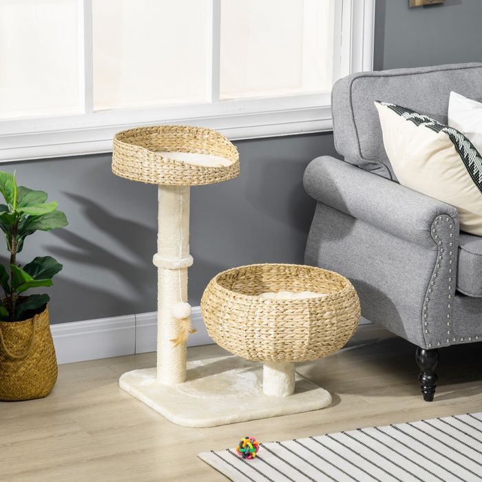 Cat tree - PawHut - 2-level scratching post, 72 cm high, sisal post, hide, platform - plush - beige
