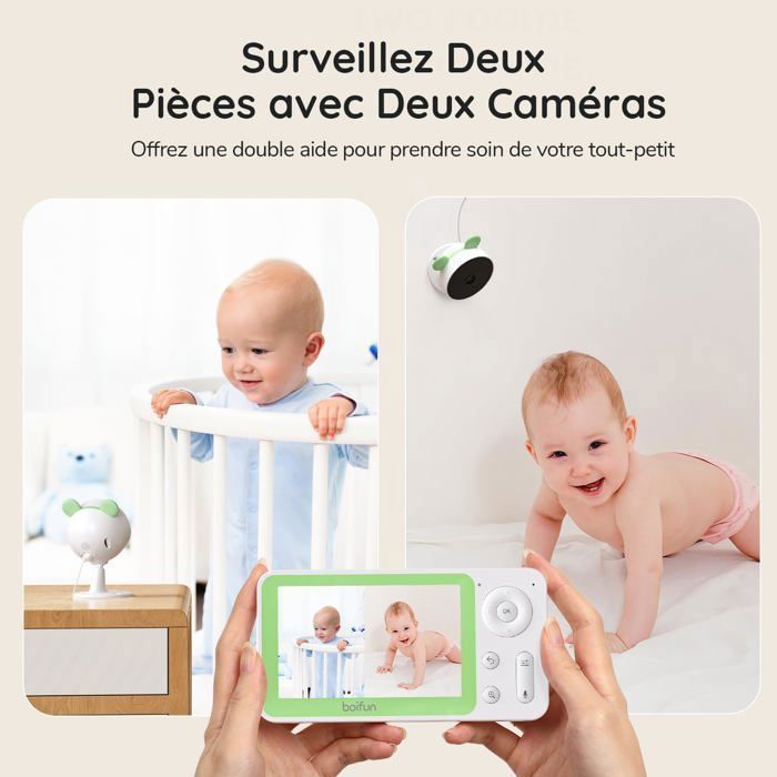 Babyfoon met 2 camera's, 1080p, 4,3 inch babycamera, app-bediening, bewegings- en geluidsdetectie, 4x zoom, nachtzicht en alarm.