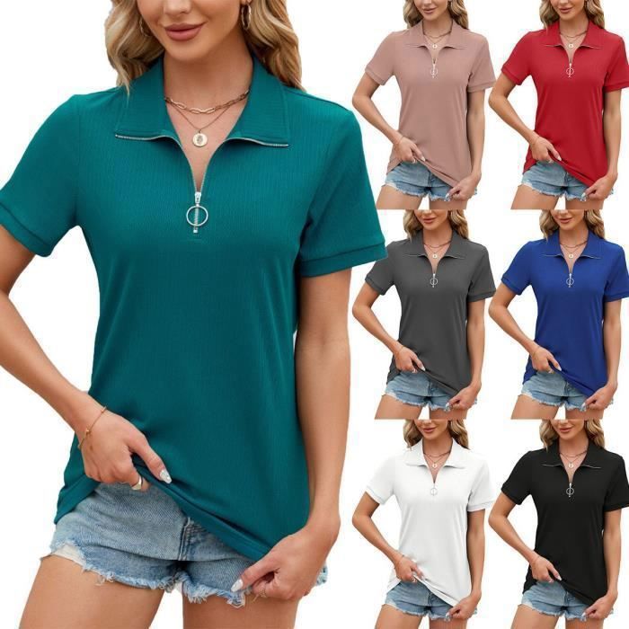 T-Shirt Femme Manches Courtes Col Zippé Casual Mode Tee Shirt Lâche Ete Couleur Unie Tissu Confortable - Taille EU - Vert