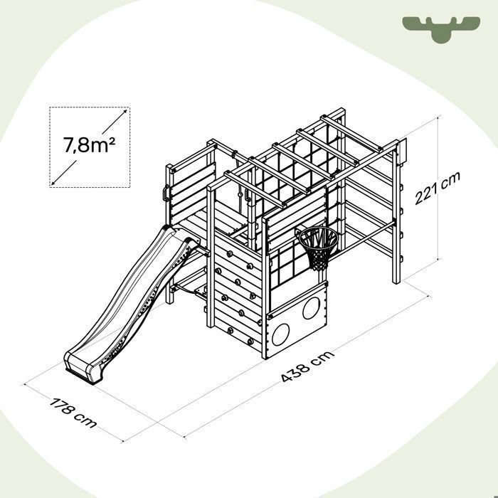 Estructura de juegos de madera verde FATMOOSE ActionArena Air XXL con tobogán, rocódromo y aro de baloncesto – 10 años de garantía*