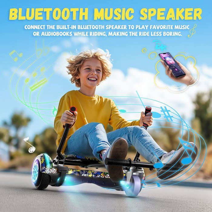 Hoverboard with integrated seat, 6.5 inches with Bluetooth speaker and LED lights for children (including pedal kart), Yellow