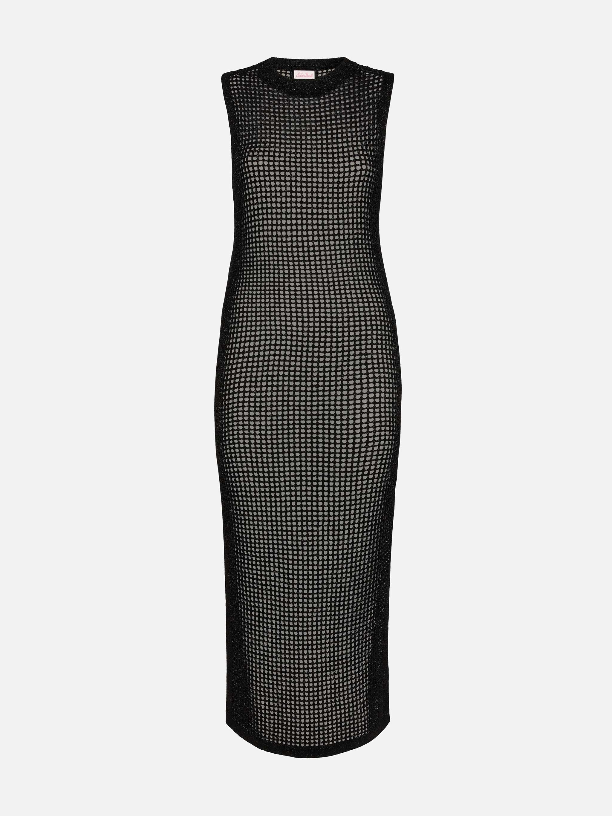 Eileen lange jurk van zwart lurex gehaakt mesh