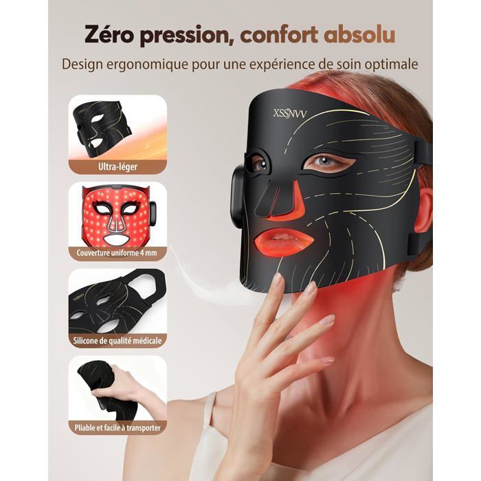Masque LED Visage Sans Fil avec Refroidissement, 4 Modes Luminothérapie Rouge & Infrarouge 850 nm,Télécommande, Autonomie 60 min