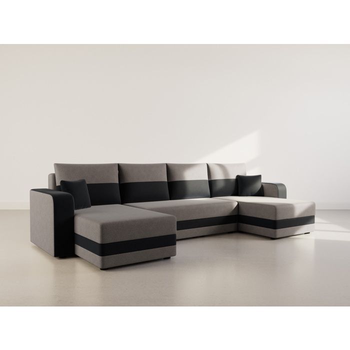 Harvey - Sofá cama panorámico en forma de U de 7 plazas con espacio de almacenamiento en tela bicolor - Negro / Gris
