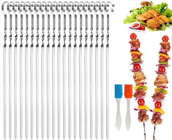 Lot de 20 Brochettes pour Barbecue en Acier Inoxydable - 30cm avec 2 Pinceaux à Huile - Réutilisables Accessoire Barbecue