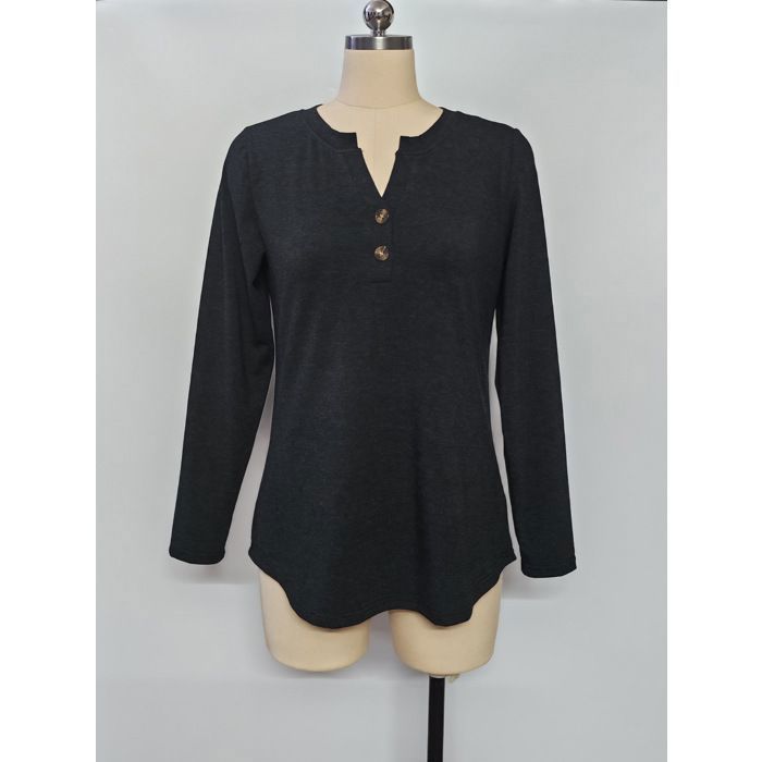 T-shirt da donna a maniche lunghe, primavera, scollo a V, casual, nera
