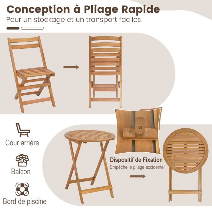 Set di mobili da giardino pieghevoli in legno di acacia COSTWAY, composto da 3 pezzi: tavolo e 2 sedie con struttura a doghe - Arredamento da giardino per patio.