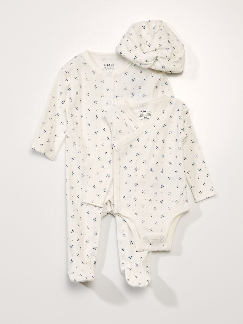 Conjunto de 3 peças: body + macacão + chapéu - Branco