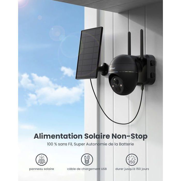 Câmera de vigilância externa sem fio ieGeek 2K com energia solar, Wi-Fi, bateria, visão noturna colorida e detecção de movimento PIR.