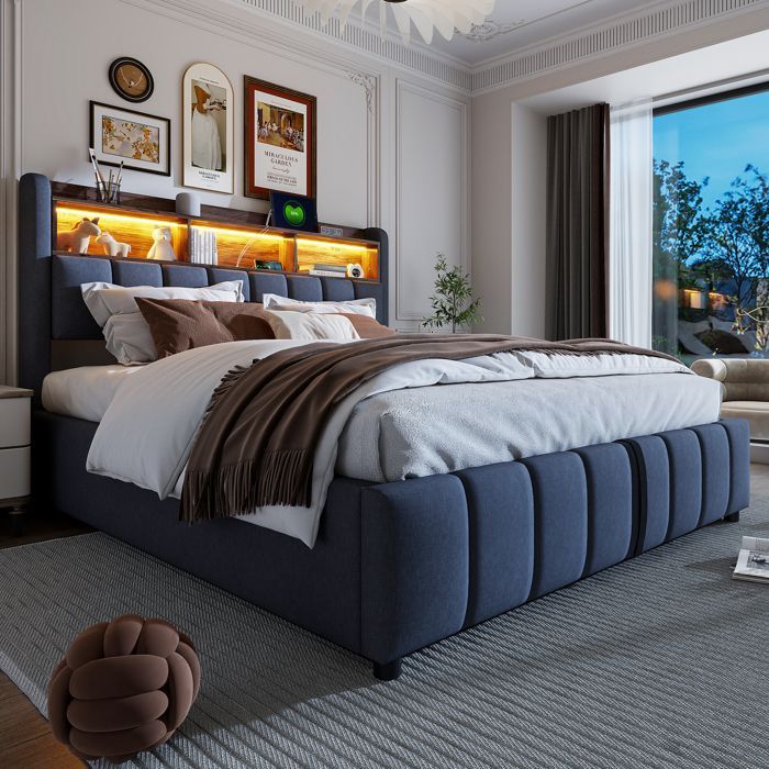 180x200 cm storage bed in grey linen fabric with headboard featuring shelves, multicoloured LED lighting and USB/Type-C ports, hydraulic mechanism