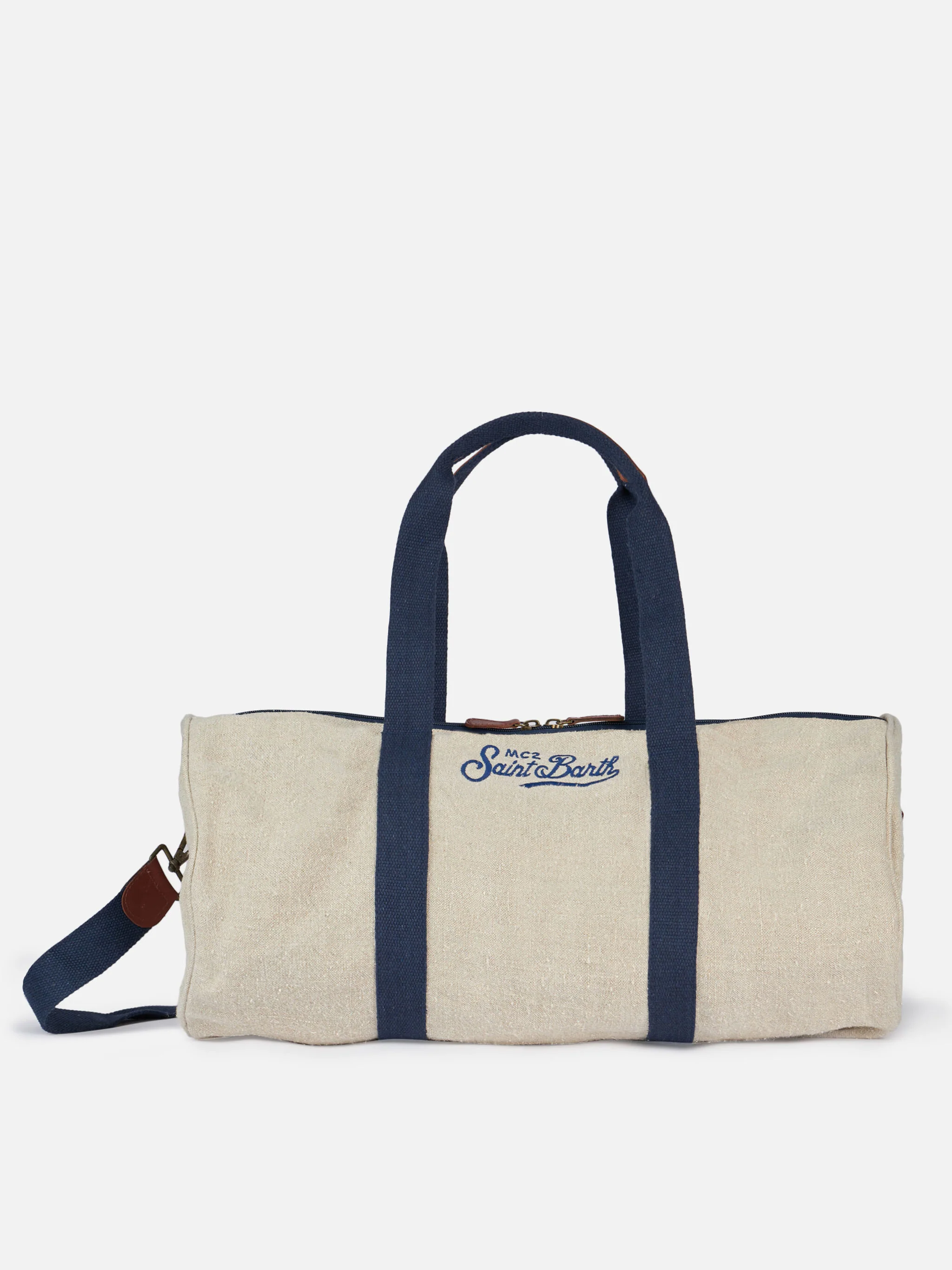 Jetleg Natural Linen Travel Duffel Bag with Leather Details and Saint Barth Logo Embroidery | 100% Linen | MC2 Saint Barth