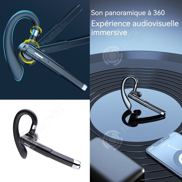 Cuffie INN Bluetooth con gancio auricolare, Bluetooth 5.1, batteria da 60 mAh, impermeabili IPX7, lunga durata della batteria, pulsante multifunzione.