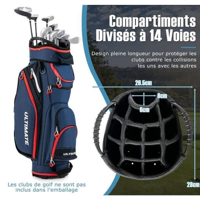 Bolsa para carrito de golf GYMAX con 14 compartimentos y 8 bolsillos, bolsa de golf con funda para la lluvia y correa para el hombro, azul y rojo.