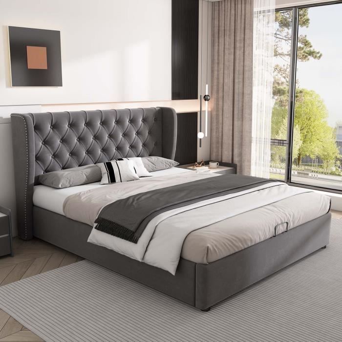 Erwachsenenbett 140 x 190 cm – Lattenrost mit Stauraum – grauer Samtbezug – geschwungenes Kopfteil