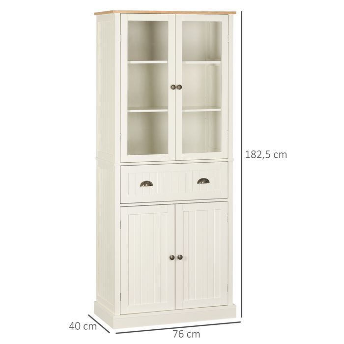 Kitchen sideboard - HOMCOM - storage unit with 4 doors (2 glass doors) and 1 drawer - wood - height 182.5 cm - beige
