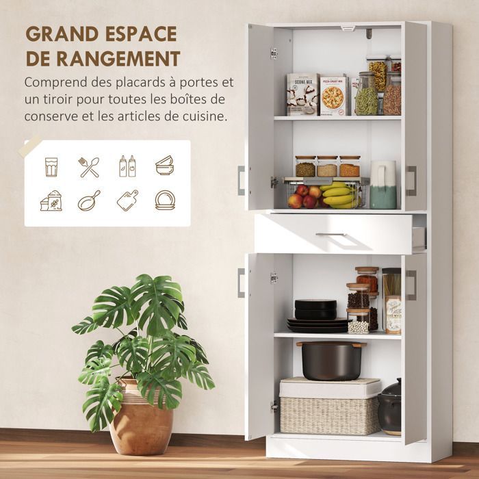 Aparador de cocina - HOMCOM - aparador alto con 2 estantes ajustables, 4 puertas y 1 cajón - madera - altura 180 cm - blanco
