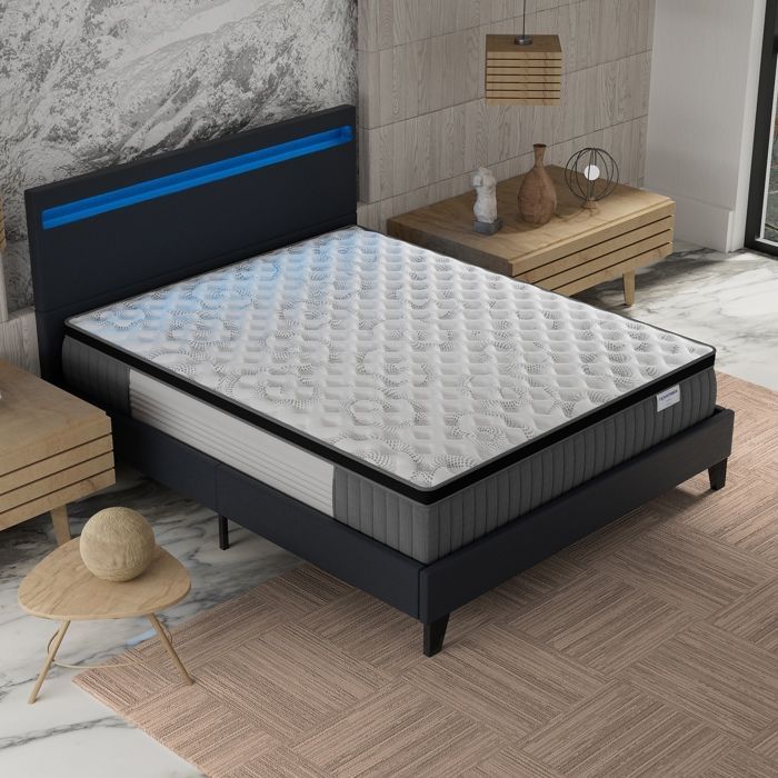 Colchón y cama (140x200cm) - Elekctra 30cm Muelles ensacados y espuma viscoelástica + Base de láminas estable y cabecero LED Negro