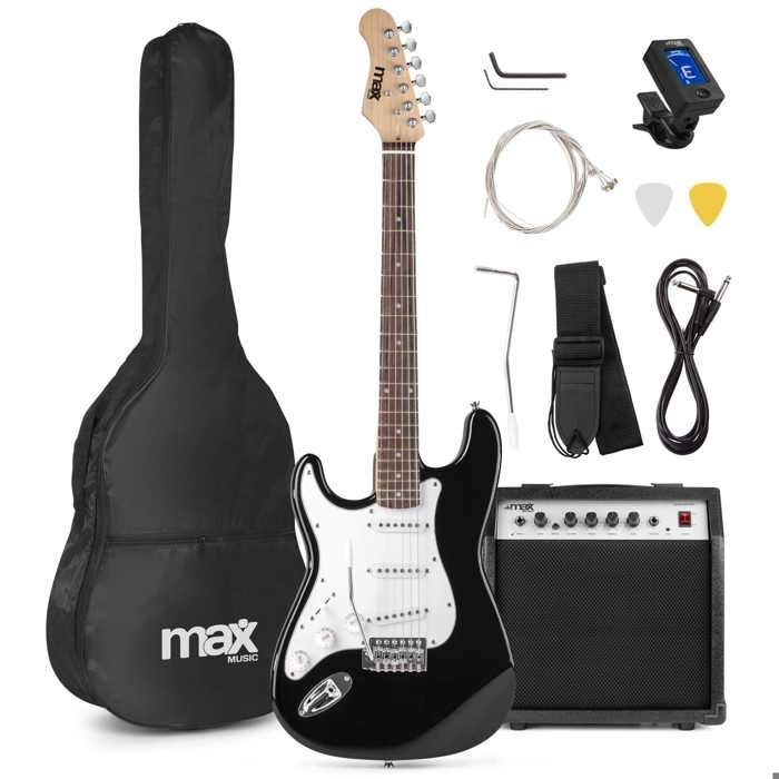 Kit completo para iniciantes MAX GIGKIT: Guitarra elétrica preta para canhotos com amplificador de 40 watts.