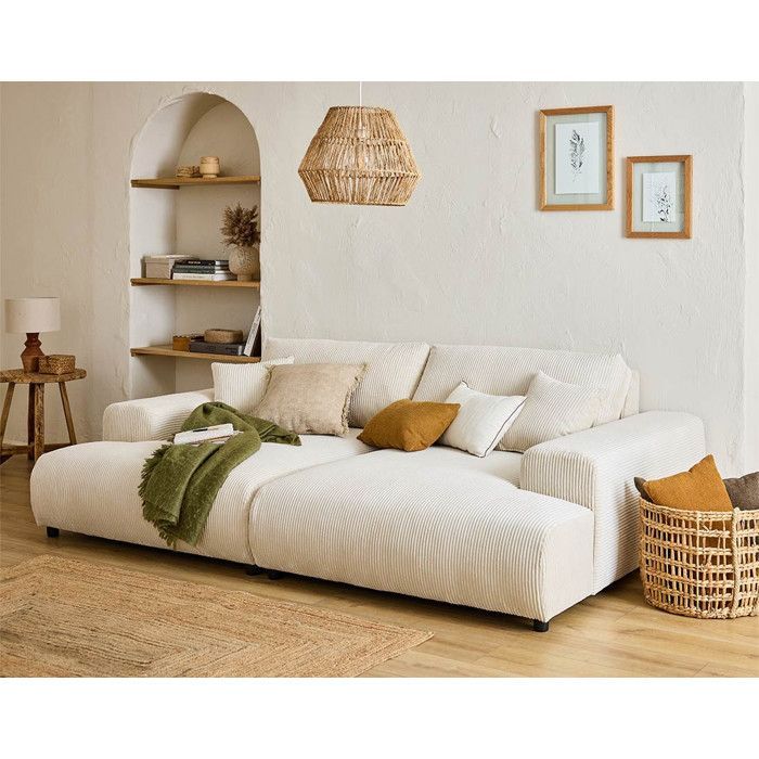 Garance – 4-Sitzer-Sofa mit gerader Sitzfläche und doppelter Chaiselongue – tiefe Sitzfläche – in Cord – Beige