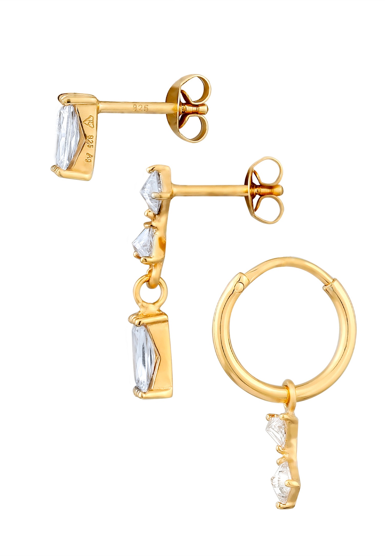 Elli Elli Boucles d'oreilles Femmes Cristaux de Zirconium Taille Princesse Taille Baguette Blanc Argent Sterling 925 Plaqué Or Festival Or