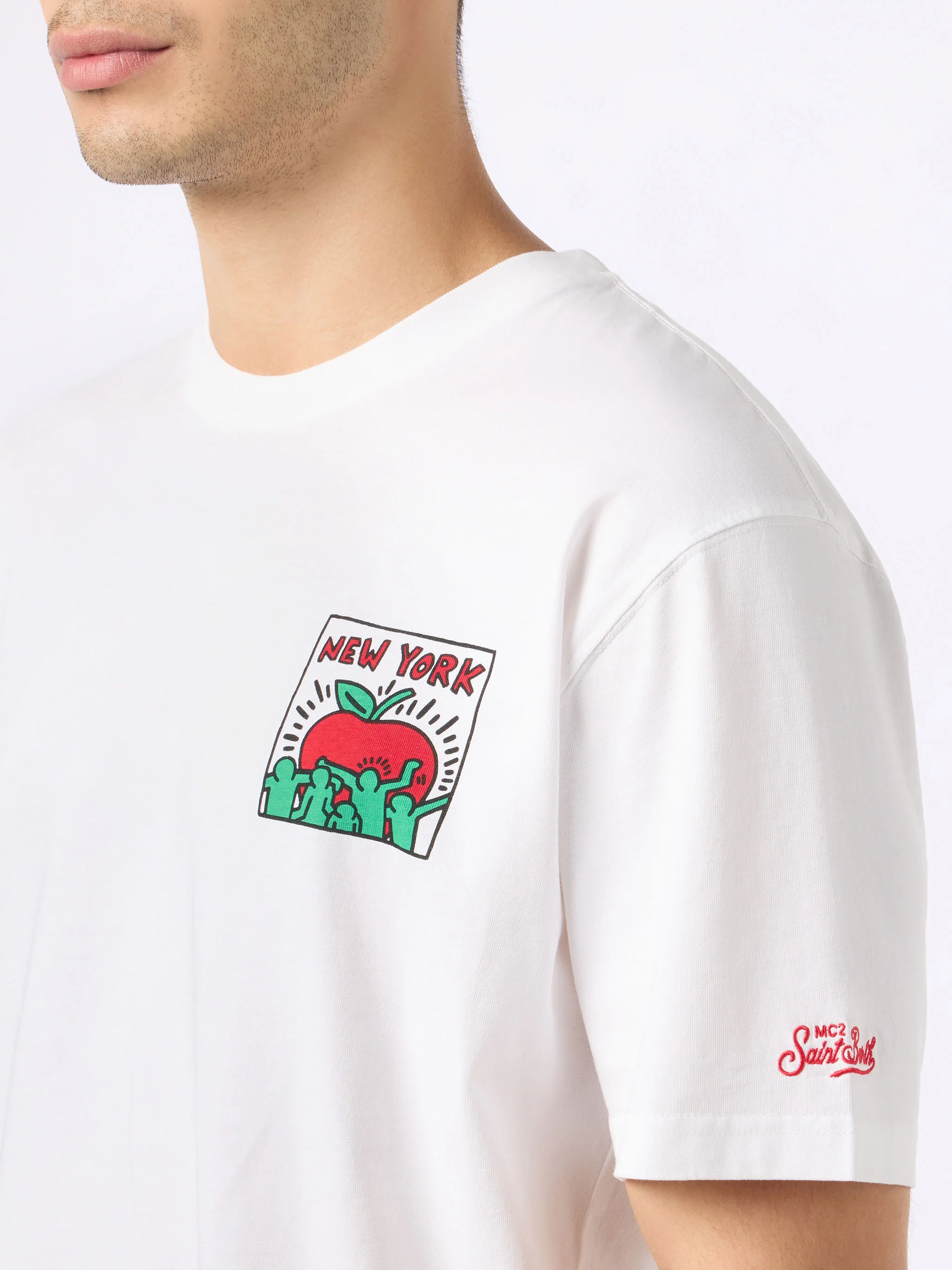 T-shirt da uomo in cotone con stampa fronte e retro del disegno Keith