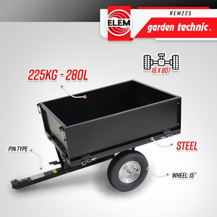 Trailer for lawn tractor with tipping bed - max load 225kg.