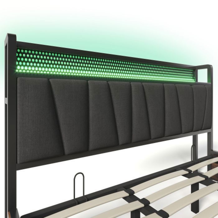 Letto matrimoniale 180x200 cm, letto contenitore - Testiera con porta USB - Illuminazione a LED - Grigio