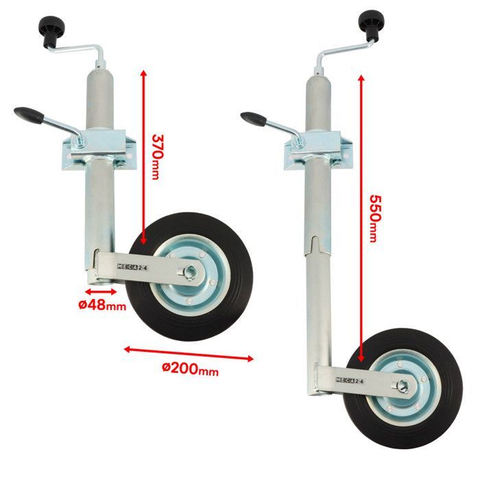 Roue Jockey - Tube acier 48mm - Jante métal - Bride de fixation acier diam. 48mm  - compatible tous types de remorques