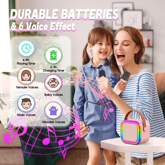 Máquina de karaoke infantil - ATOPDREAM - ATOPDREAM - 2 micrófonos inalámbricos - Bluetooth 5.0 - Luces RGB (rosa)