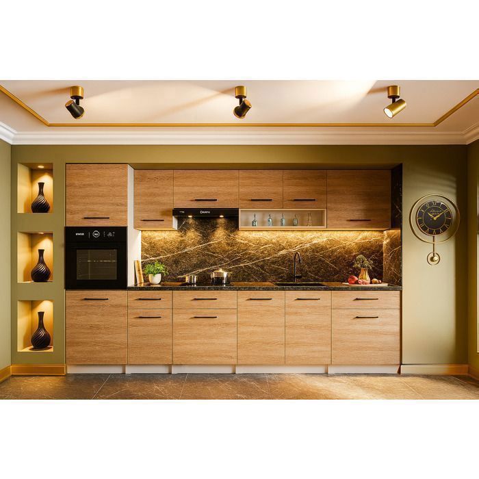 Cuisine complète VIKI BOIS chêne 300 cm avec colonne four 9 éléments 18 mm