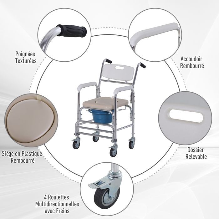 Chaise percée à roulettes - HOMCOM - fauteuil roulant percé douche seau amovible accoudoirs repose-pied - acier HDPE - blanc