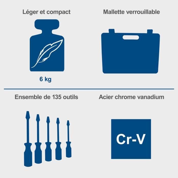 Malette à outils de 135 pièces - SCHAPPACH - TB170 - Outils en acier chrome vanadium - Mallette verrouillable