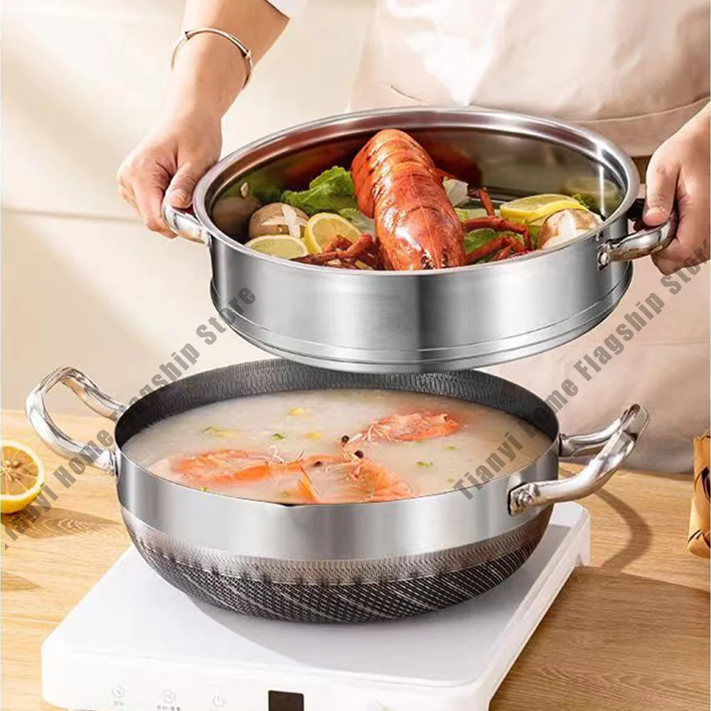 Poêle à frire antiadhésive de 26 cm, wok, casserole à soupe en acier inoxydable avec couvercle, compatible avec les plaques à induction et à gaz, ustensiles de cuisine durables