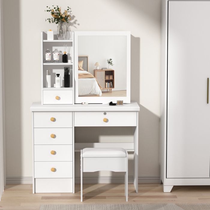 Coiffeuse avec Miroir Coulissant - Table de Maquillage Moderne - 6 Tiroirs - 3 étagères - 80x37x122cm