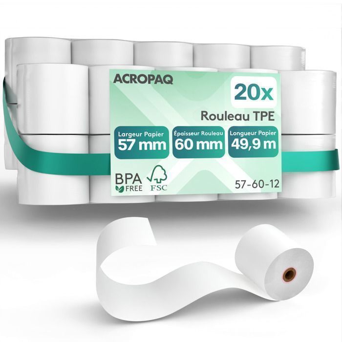 ACROPAQ 20 Rouleaux de Caisse 57x60x12mm- Thermique 49,9 m-Terminaux de paiement- 20 Bobines TPE- Sans BPA- Dimension Universelle