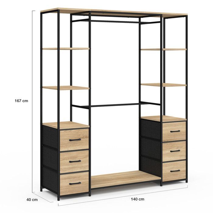 IDMARKET UTAH double wardrobe + double column, 140 cm wide, with 6 shelves and 6 fabric bins in wood and black