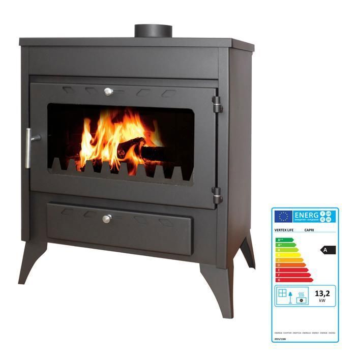 Estufa de leña CAPRI de 13 kW – Alta eficiencia 77,4% – Calienta hasta 297 m³ – Acero y vermiculita – Salida de humos de 130/150 mm