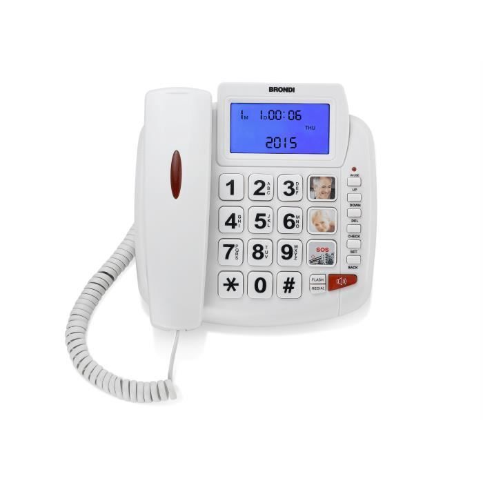 Téléphone filaire Brondi Bravo 90 - Combiné filaire avec identification de l'appelant - Blanc