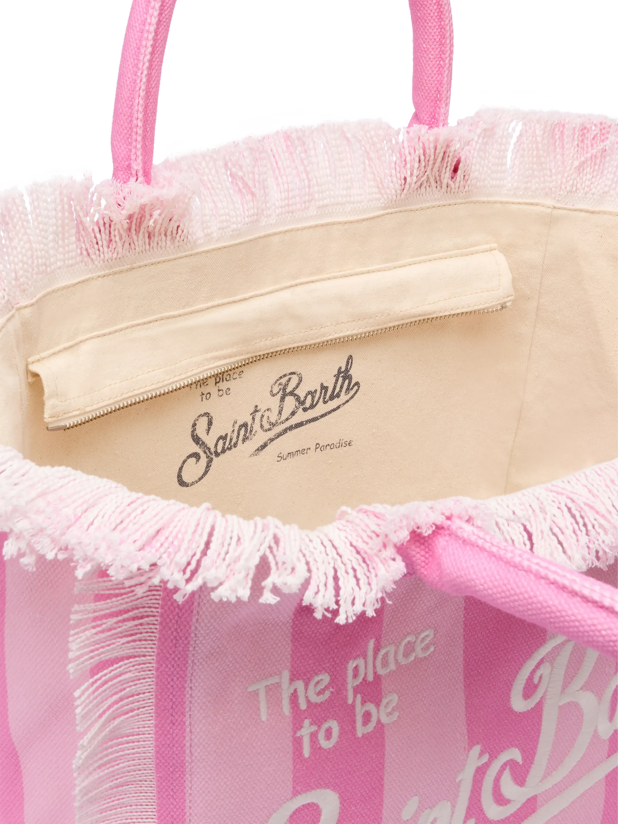 Bolsa tiracolo estilo vanity em lona de algodão com estampa listrada rosa.
