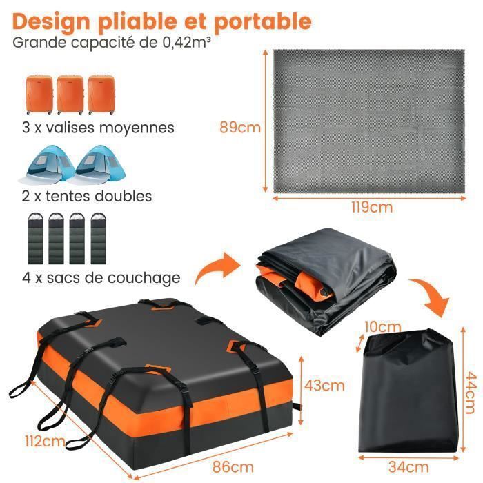 Cofre/bolsa de techo impermeable para coche COSTWAY de 424 litros con 10 correas reforzadas, 6 ganchos para puerta y alfombrilla antideslizante.