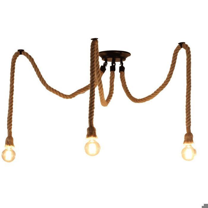 WOTTES Rétro Lustre Suspension Araignee Corde de Chanvre avec 3 Bras E27 Douille,  Industriel Lampe DIY 2.0m Fil Longueur Ajustable