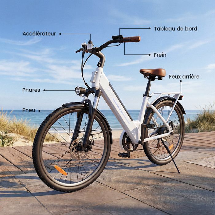 AGILERIDE Vélo Électrique Adulte VTT 26'', Moteur 350W, Batterie amovible 36V 13Ah, 7 Vitesses, Charge 120 kg, Autonomie 90KM, Blanc